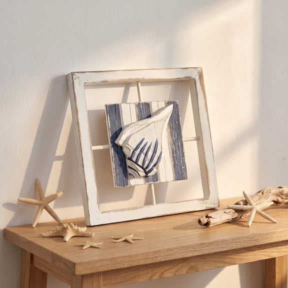 Cififendec Coastal Seashell Starfish Wall Decor, 9.84", Wooden White Distressed Frame 3D Nautical Hanging Plaques for Dining Room Beach Homestay Wall Decor