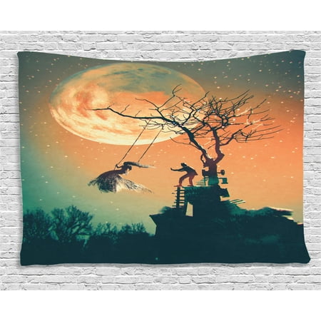 Fantasy World Decor Tapestry, Spooky Night Zombie Bride and Groom Lady on Swing Sky Full Moon Image, Wall Hanging for Bedroom Living Room Dorm Decor, 60W X 40L Inches, Orange Teal, by Ambesonne