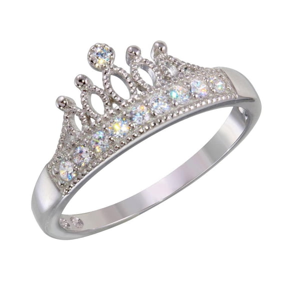 Rhodium Plated 925 Sterling Silver Tiara Crown Ring Clear CZ Band White Jewelry Female Size 5