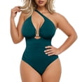 thumbnail image 2 of RYDCOT Tummy Control Swimsuits Women V Neck One Piece Bathing Suit Ruched Push up Slimming Swimwear Built-in Bra Blue, 2 of 8