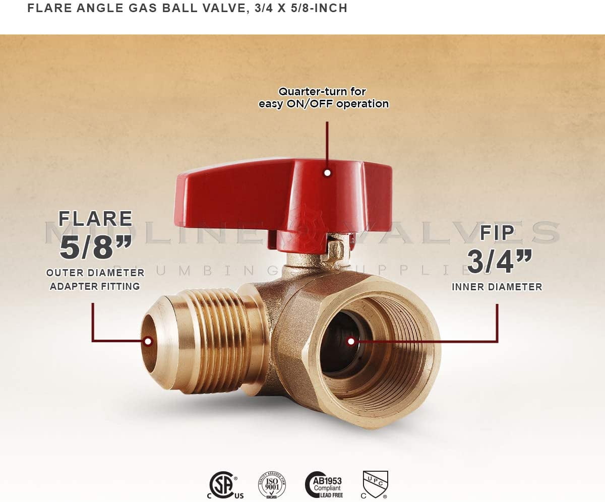 Midline Valve LxFA3458GAS-5 Angle Gas Ball Valve, with 5/8 in. x 3/4 in. Flare x FIP Connections, Brass (Pack of 5)