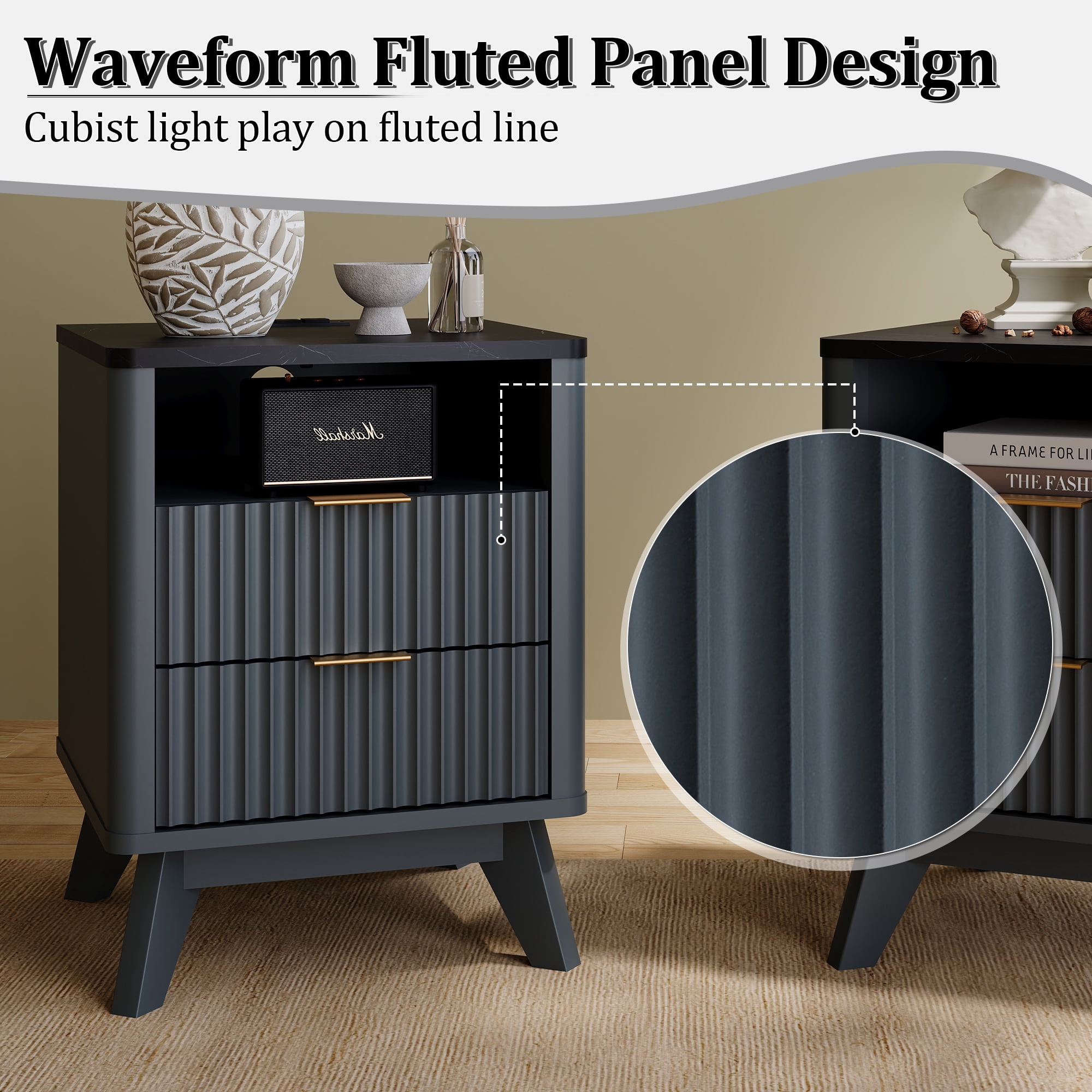KeyWhat Modern Nightstand with Charging Station, Mid-Century Wood End Table Side Table for Living Room, Fluted Panel, Dark Grey
