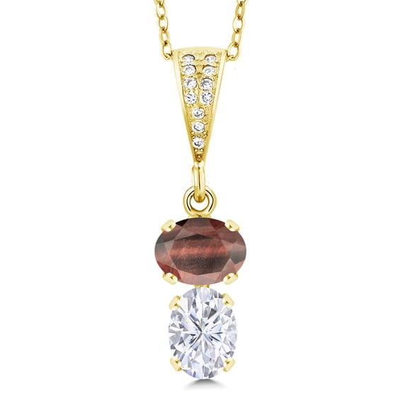 Gem Stone King 18K Yellow Gold Plated Silver Red Tiger Eye and White Moissanite Pendant Necklace for Women (2.82 Cttw, Gemstone, Oval 8x6MM, with 18 inch Chain)