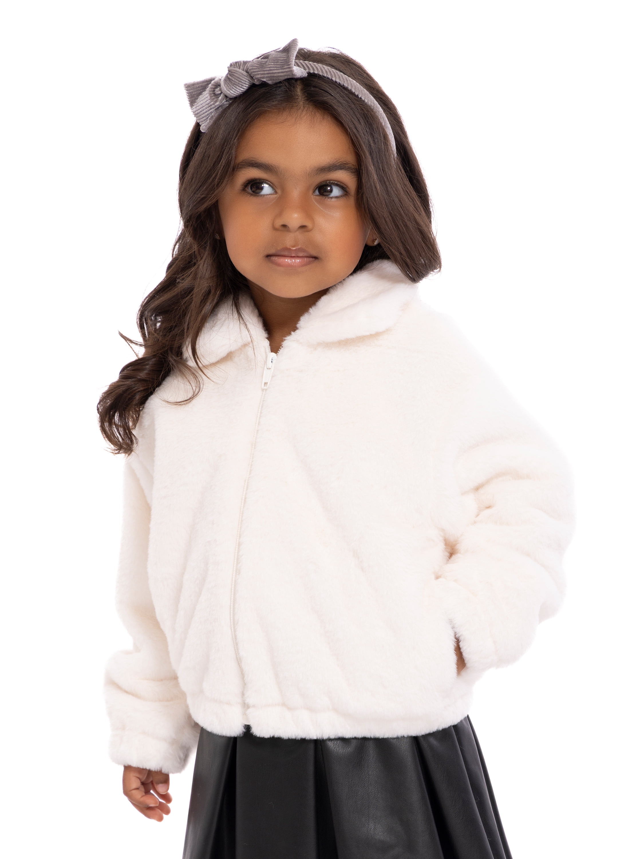 Wonder Nation Toddler Girls Collared Faux Fur Zip Jacket, Midweight, Sizes 12M-5T