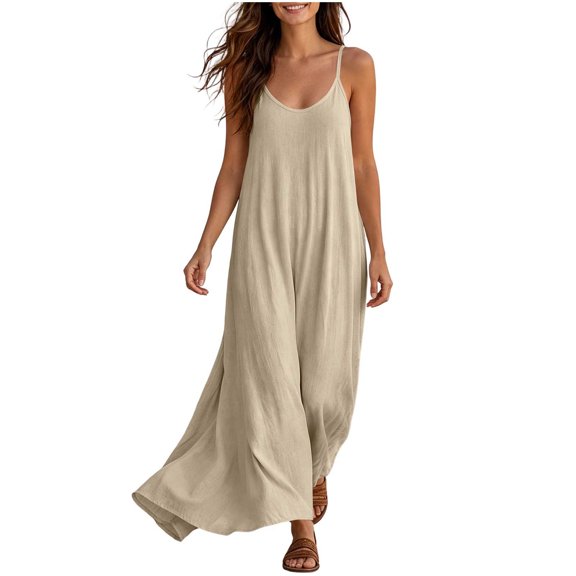 Lopecy-Sta Womens Dresses Sleeveless Spaghetti Strap V Neck Linen Maxi Dress Casual Boho Summer Beach Vacation Dress