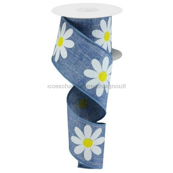 Daisy Flower Canvas Wired Edge Ribbon, 2.5" x 10 Yards (Blue Denim)