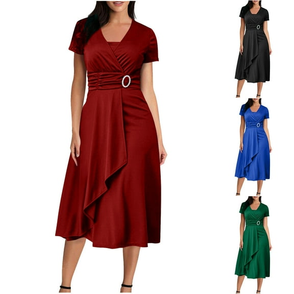 Jacenvly New Dresses for Women 2024 Casual Women'S Summer Solid Color Short Sleeve V-Neck Dress Satiny Soft Long Dresses for Women Blue