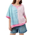 thumbnail image 6 of Women Oversized Summer Short Sleeve Striped Color Block Loose Fit Tops T Shirts, 6 of 6
