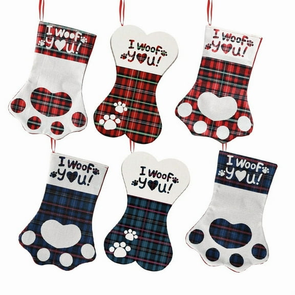Dalrosia I Woof you Christmas Stockings for Dogs, Set of 6 Burlap Stockings Pet Paw Buffalo Plaid Hanging Socks for Holiday and Christmas Decorations