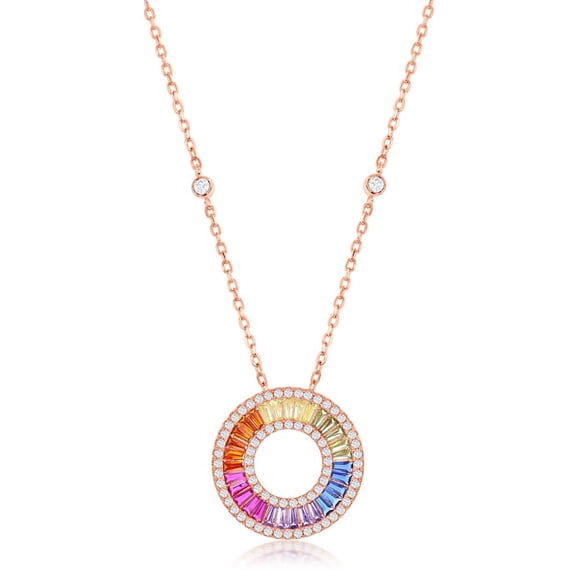 TheJewelryHut Fancy Designer Sterling Silver Rainbow Baguette CZ Open Circle Necklace - Rose Gold Plated