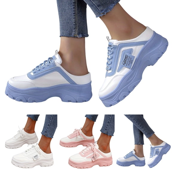 Modisza Womens Backless Platform Mules Orthopedic Comfortable Sneakers with Arch Support Fashion Bare Foot Shoes Blue 5.5