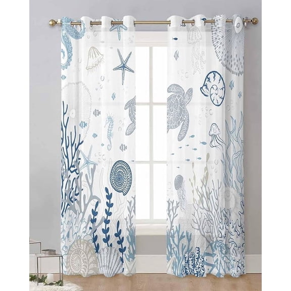 Blue Coastal Blackout Curtains Set For Living Room/Bedroom, Nautical Summer Beach Sea Turtle Coral Kitchen Curtains With Grommet Semi-Sheer Curtains Drapes 26"W x 45"L (Pack of 2)