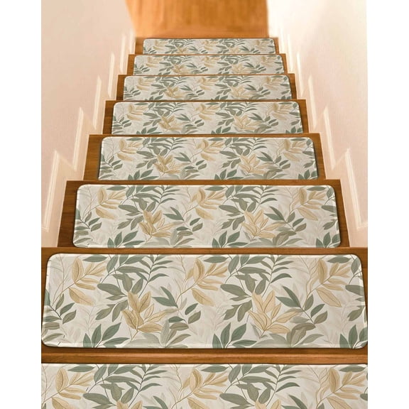 Sage Green Yellow Botanical Stair Treads for Wooden Steps Indoor Runner Rug Carpet, Vintage Spring Summer 10 Pieces Peel and Stick Staircase Step Treads Covers Washable Throw Door Mats, 30"x8"