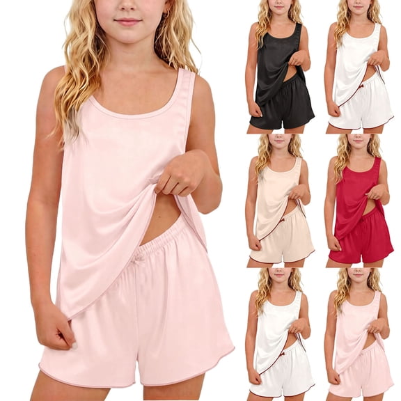 POIUYTR Two Piece Lounge Sets for Girls Summer Satin Tank Tops Loose Pj Shorts Kids Casual Homewear Set