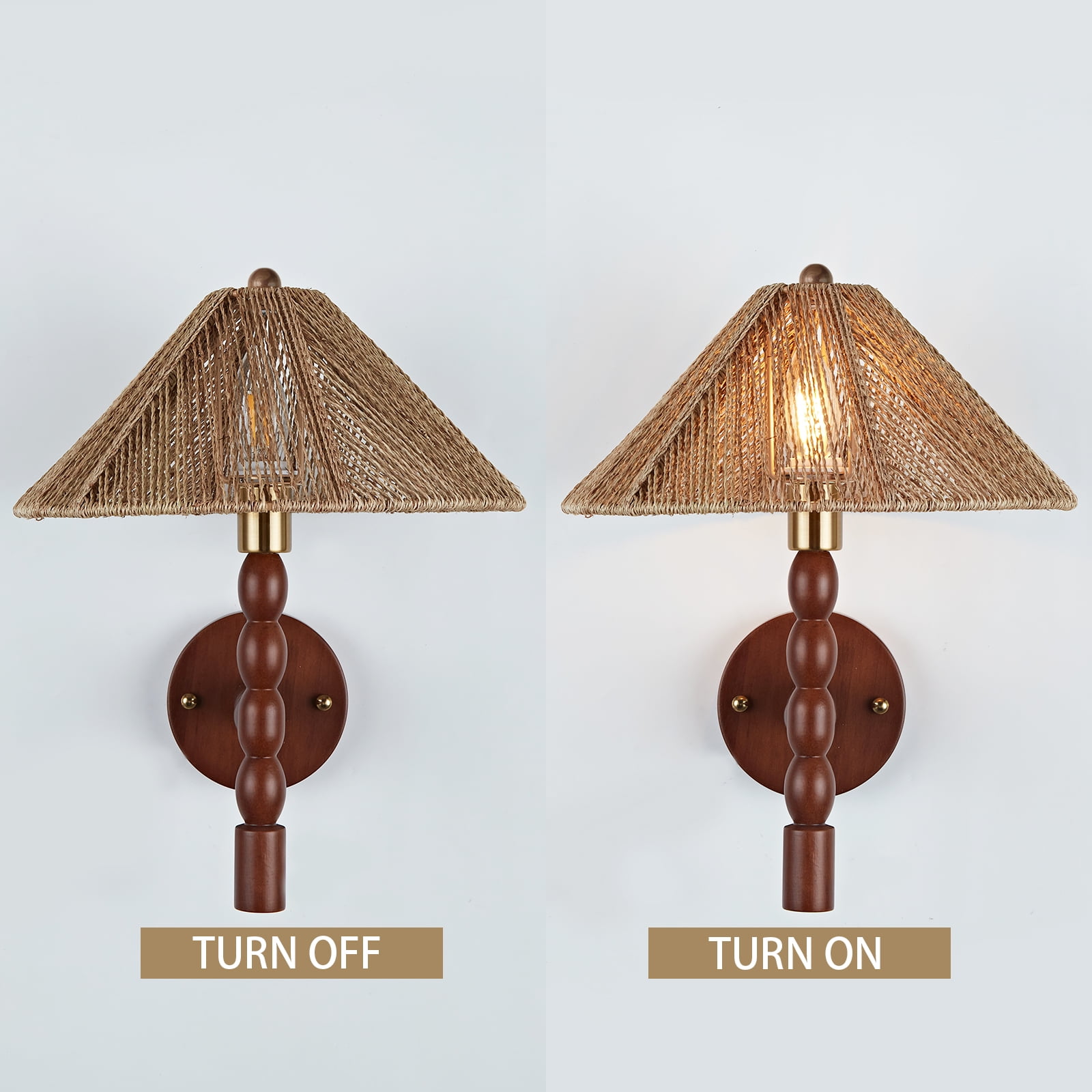 Vintage Beaded Arm Sconce Wall Lighting with Natural Renewable Jute Shade, Wall Sconce Hardwired Wall Lamp Fixture for Bedroom Bedside Hallway Living Room