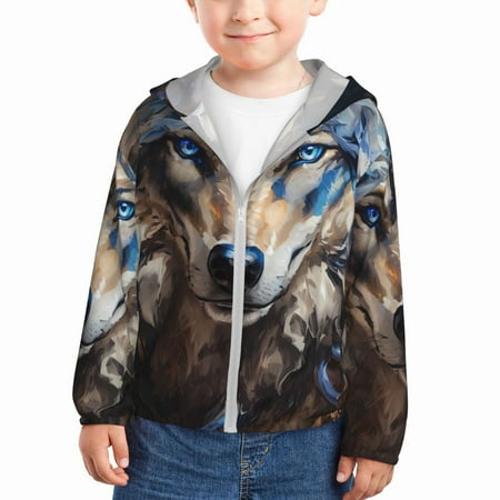 

Ocsxa Vintage Blue Floral Wolf Print Kids Active Zipper Sun Protection Jacket Boys Girls Hooded Cooling Shirt-18 Months