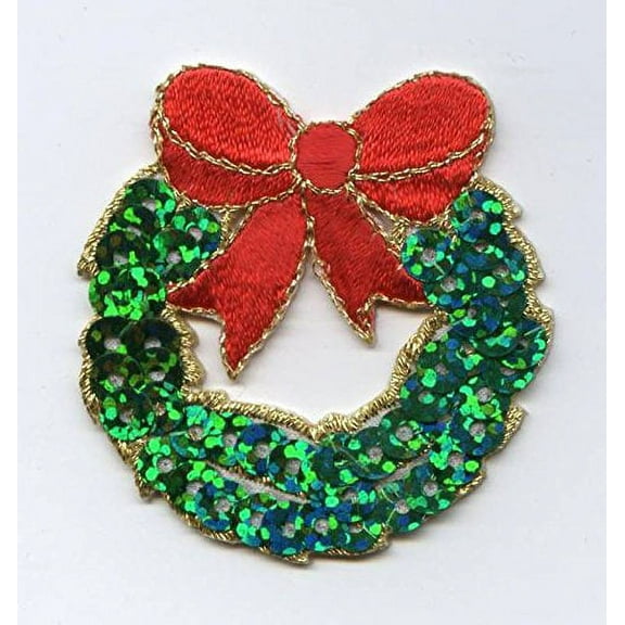 Christmas Sequin Wreath - Green/Red - Iron on Applique/Embroidered Patch