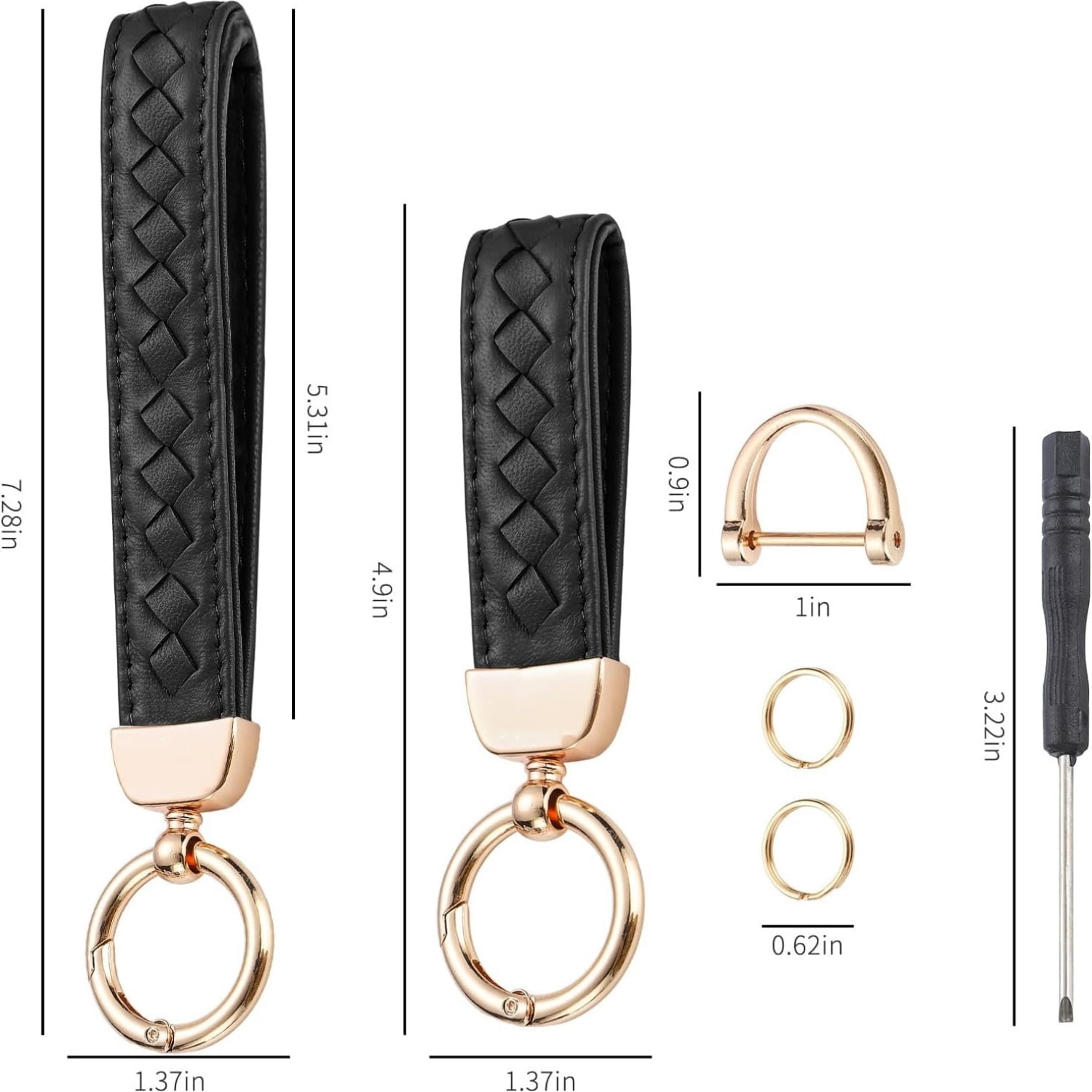 Car Keychain, Universal Key Fob Holder with 360 Degree Rotatable, Anti-Lost D-Ring, 2 Keyrings and 1 Screwdriver – Black