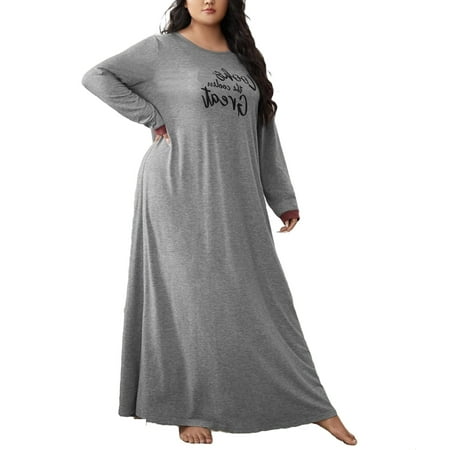 

Casual Slogan Round Neck Sleepshirts Grey Long Sleeve Plus Size Nightgowns & Sleepshirts