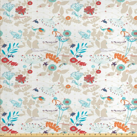 Botanical Sofa Upholstery Fabric by the Yard, Style Pattern with Floral Natural Forest Elements Retro, Decorative Fabric for DIY and Home Accents, Multicolor by Ambesonne