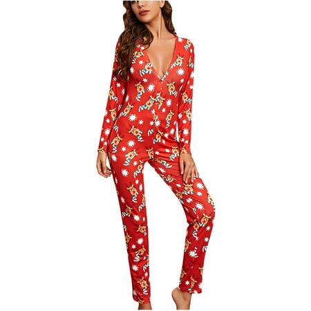 

Christmas One Piece Jumpsuit for Women Printed V Neck Long Sleeve Pajamas Bodysuit Button Slim Fit Romper Sleepwear