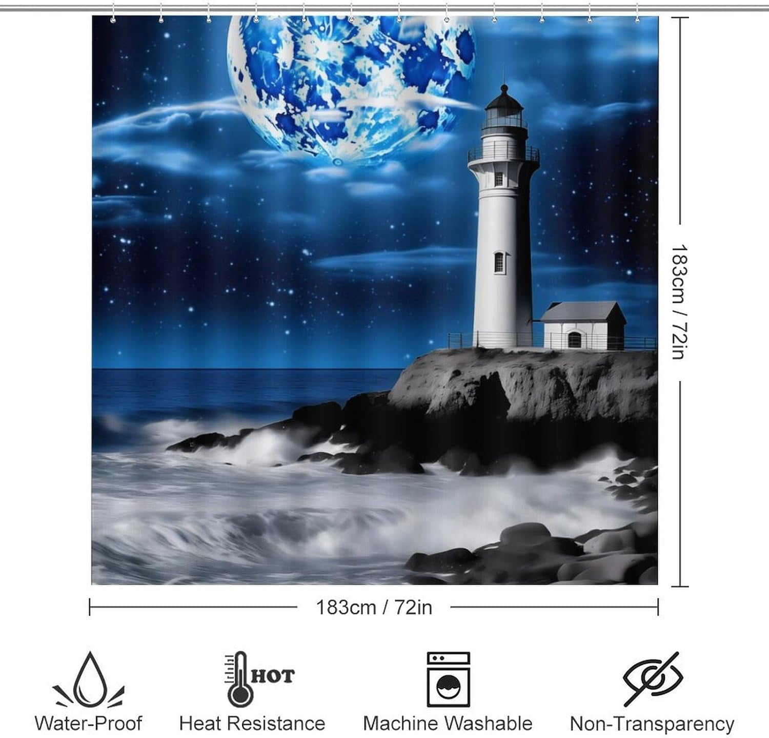 4 Pcs Bathroom Shower Curtain Set,Bathroom Sets with Rugs (Bath Mat,U Shape and Toilet Lid Cover Mat), Lighthouse and Moon Bathroom Decor Set
