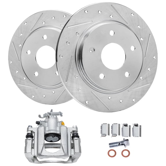 Detroit Axle - Rear Brake Kit for Dodge Grand Caravan Chrysler Town & Country Ram C/V Volkswagen  Routan, Drilled & Slotted Disc Brake Rotors, Left Brake Caliper Replacement : 12.00" inch Rotor
