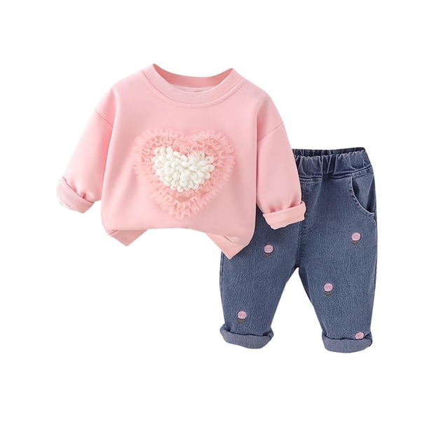 Odeerbi 1-7 Años Niñas Día de San Valentín Trajes de Algodón de Manga Larga Sudadera Jeans Conjunto de Dos Piezas Holgada Cintura Elástica Pantalones de Mezclilla