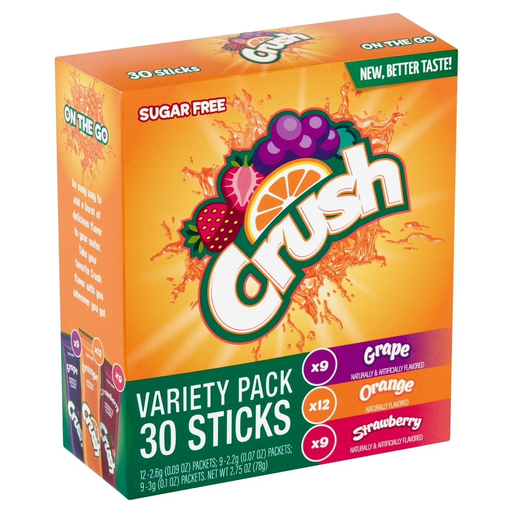 Crush Sugar Free Grape Orange Strawberry On the Go Drink Mix Variety Pack, 30 count, 2.75 oz