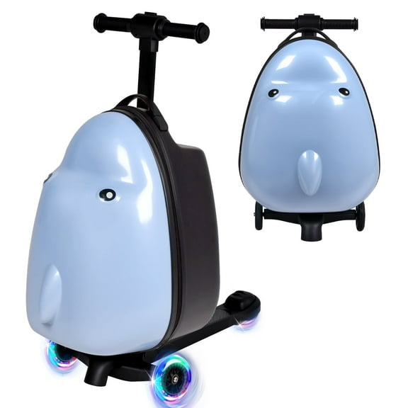 Advwin Kids Scooter Luggage, 4-in-1 Detachable Foldable Ride On Suitcase with LED Wheels, 3D Dolphin Shape Hardside Travel Luggage, Convertible Backpack Luggage