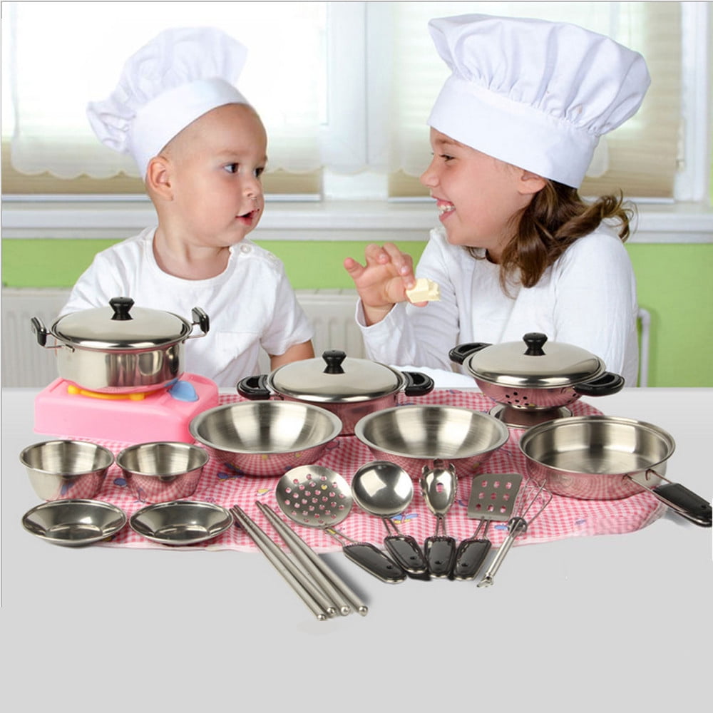 20Pcs Stainless Steel Pots Pans Cookware Miniature Toy Pretend Play Kid Gift NEW 
