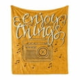 thumbnail image 1 of Enjoy the Little Things Soft Flannel Fleece Blanket, Retro Radio Playing Music with Hand Drawn Calligraphy, Cozy Plush for Indoor and Outdoor Use, 50" x 70", Marigold Black and Cream, by Ambesonne, 1 of 6