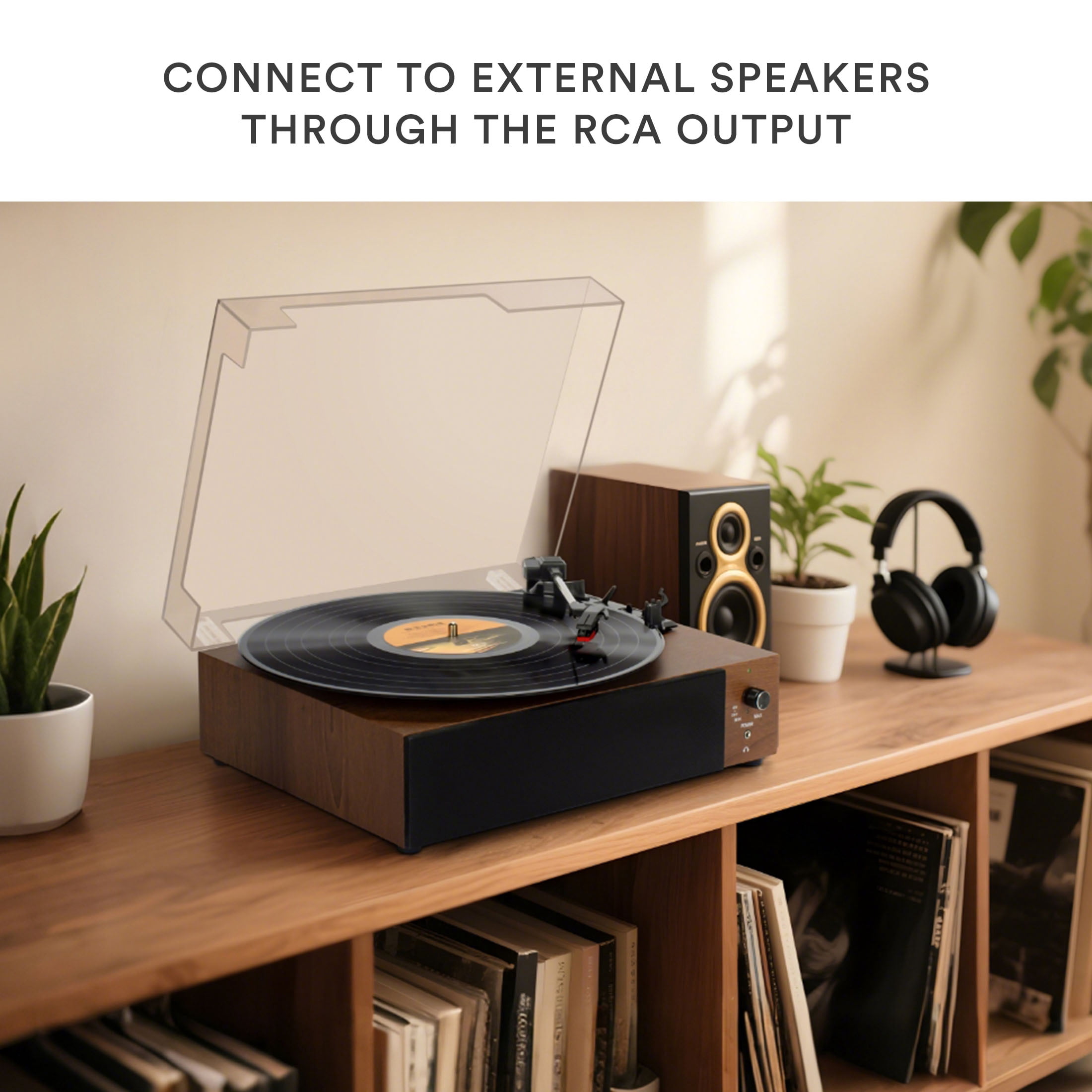 Core Innovations Wireless Bluetooth Turntable, 3-Speed Vinyl Record Player with Built-In Speakers, Wood Finish & Clear Dust Cover