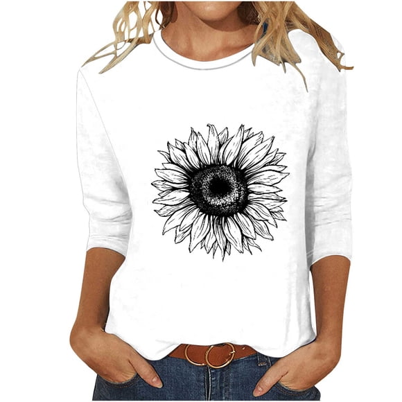 Xihbxyly Womens Tops Casual Women's Fashion Printed T-shirt 3/4 Sleeves Blouse Round Neck Casual Tops