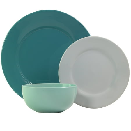 Mainstays Pastel 12-Piece Round Stoneware Dinnerware Set, Blue Tones
