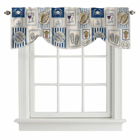 Summer Animals Tie Up Valance Curtains Cartoon Flip-Flops Grilled Fish Crab Cute Sailboat Adjustable Light Filtering Tie Up Valance Small Window Shade for Kitchen Bedroom Cafe 42" W x 12" L