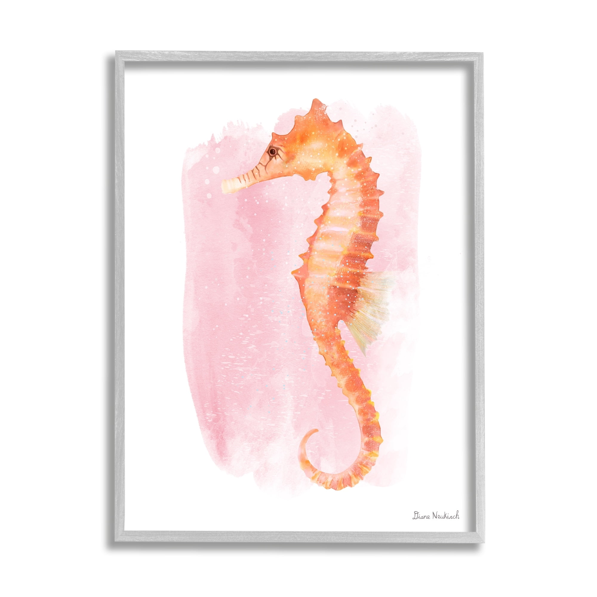 Stupell Industries Gentle Orange Seahorse Speckled Pink Watercolor Detail Painting Gray Framed Art Print Wall Art, Design by Diane Neukirch