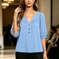 thumbnail image 4 of Hurxie Boho Tops for Women Summer Casual Fitted Puff 3/4 Sleeve Peasant Blouses Fashion Pleated Front V Neck Shirts Blue,M, 4 of 7