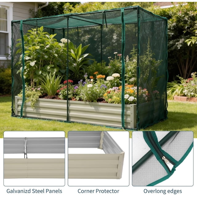 Royalbelle Beige Raised Garden Bed with Cover, Metal Planter Box Greenhouse
