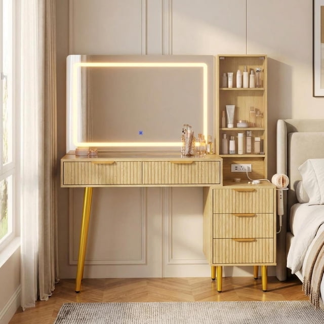 Coiffeuse Cannelée avec Miroir Éclairé, Dessus en Verre, Prise de Courant Intégrée, Tiroirs et Tablette de Rangement, Table de Toilette Moderne pour Chambre