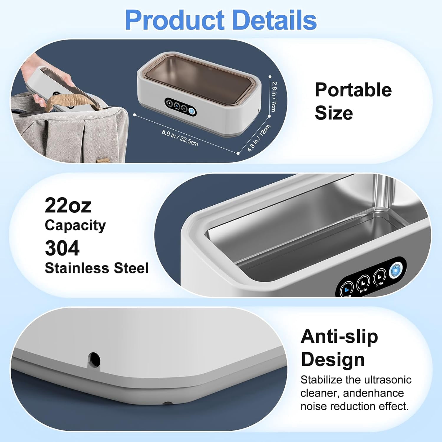 Ultrasonic Jewelry Cleaner,49KHz Ultrasonic Jewelry,Glasses,Rings,Watch Bands Cleaner,3 Modes with Digital Timer,22oz(650ML),304 Stainless Steel Water Tank