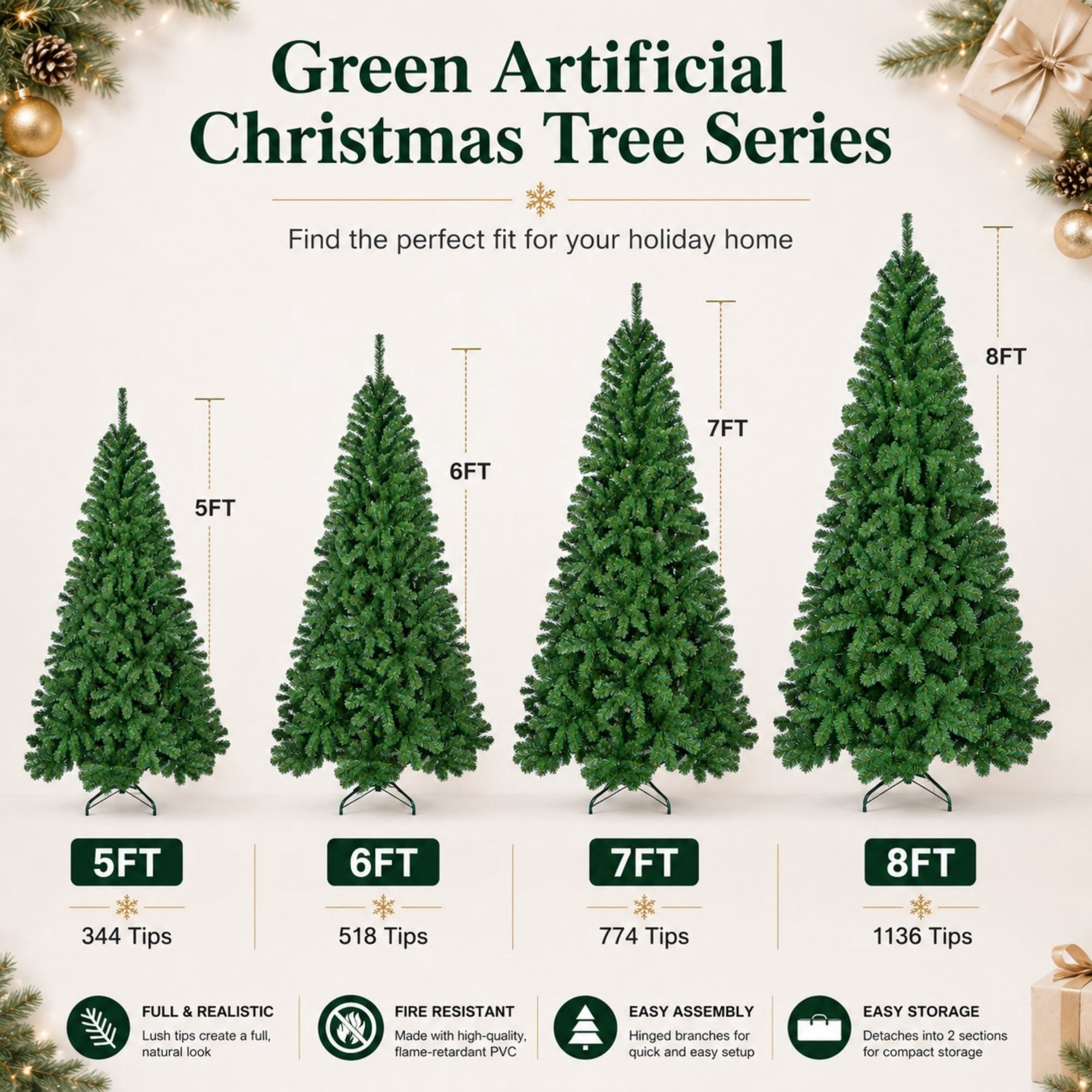 DEALTOPS 6 FT Unlit Artificial Christmas Tree, 518 PVC Tips, Hinged Green Holiday Tree with Metal Stand