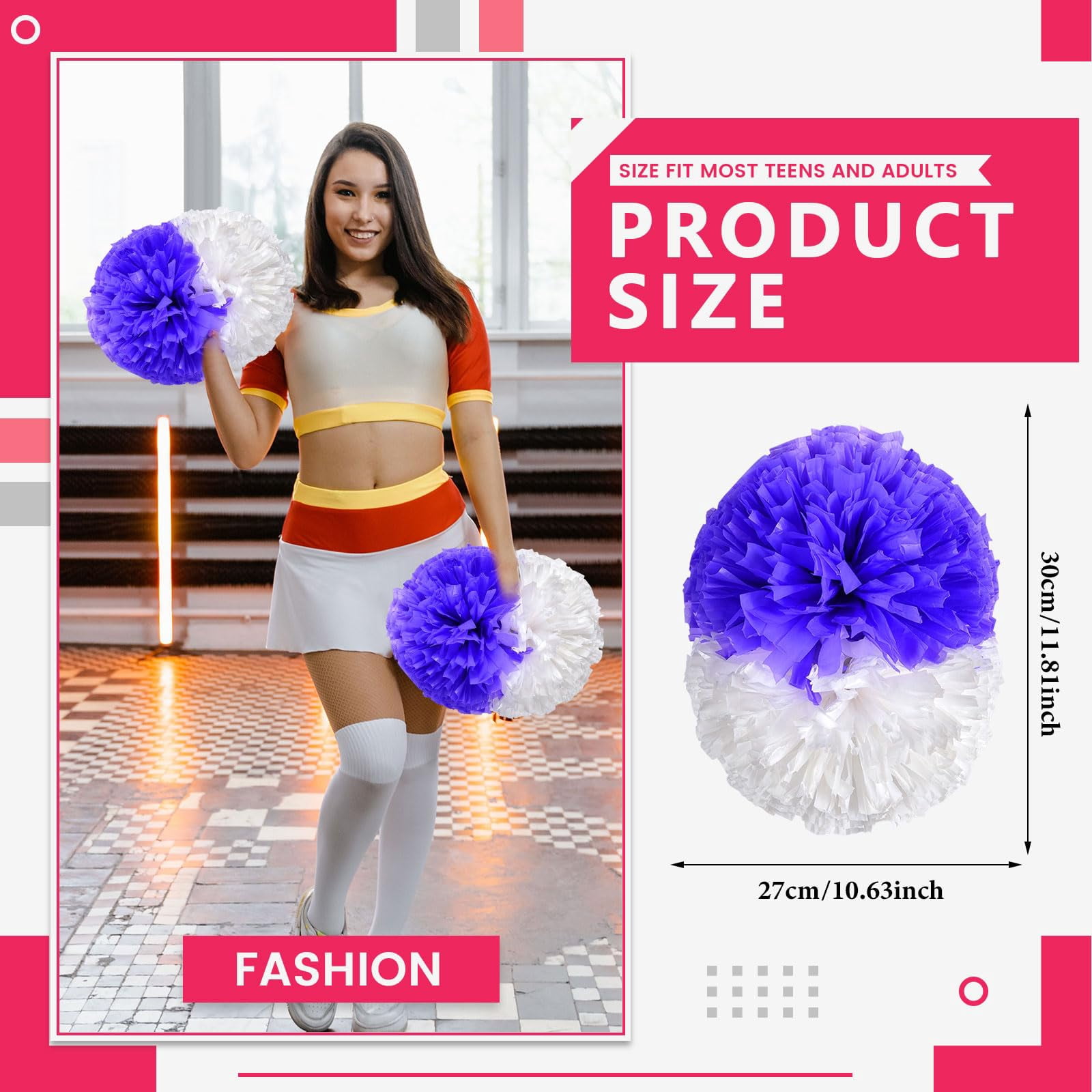 Cheer Pom Poms 8 Pcs with Handle, Cheerleading Handheld Squad Pompoms for Sports Team Cheer Spirit Games Dance Party Adults