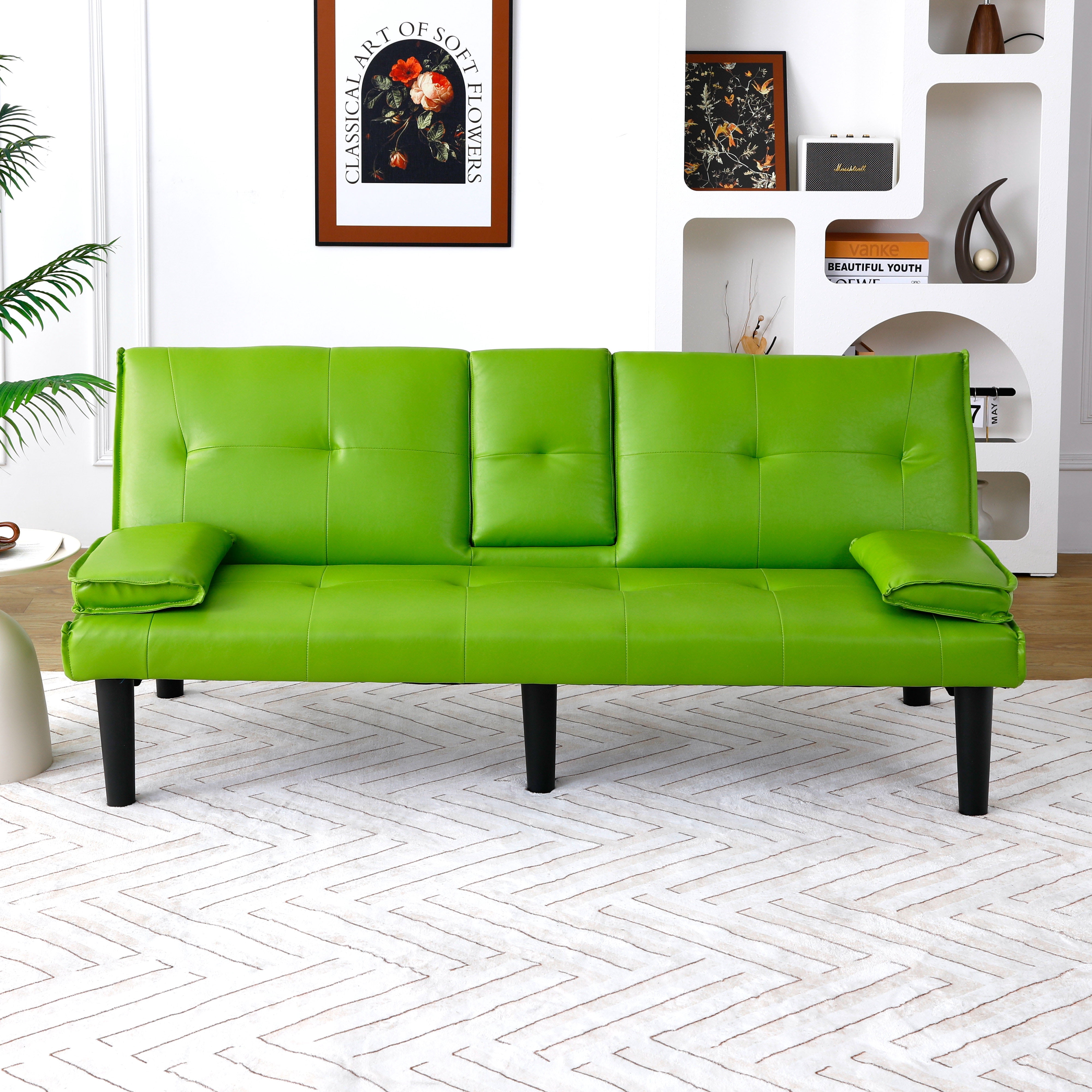 BSHTI 67-inch Foldable Futon Sleeper with S-Spring Support, 2-Seater Convertible Sofa Bed, PVC Faux Leather, Simple Assembly, Green