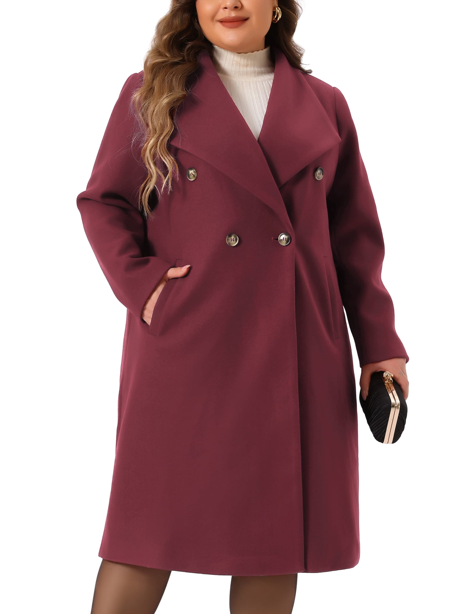 DARING DIVA Women's Plus Size Classic Notch Lapel Double Breasted Trench Coat 2X Burgundy