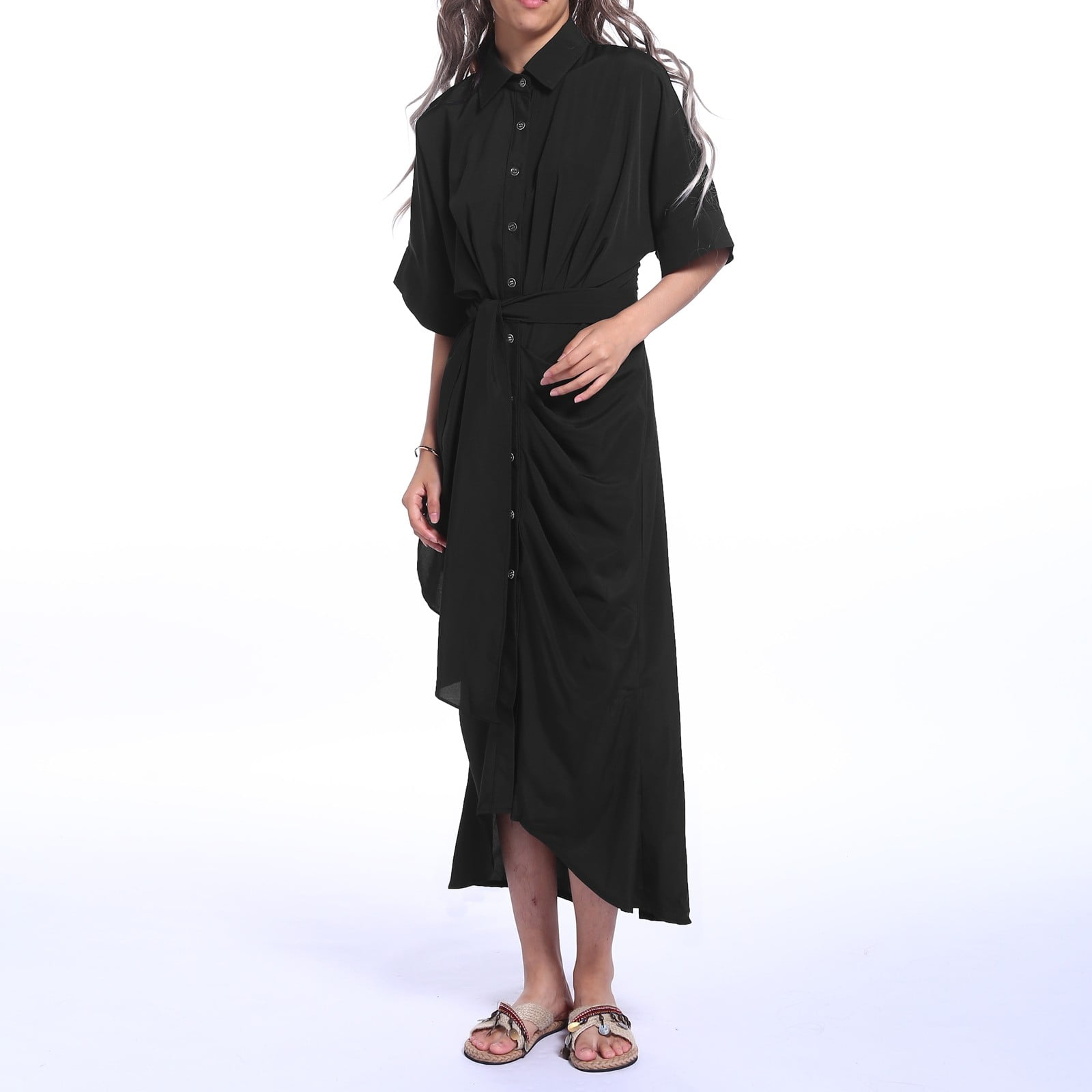 Jamsmile Women Shirt Dress Summer Casual Button Down Solid Color Short Sleeve Belted Shirts Dress Elegant Loose Midi Dress Clothes