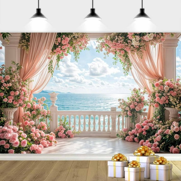 Wedding Floral Backdrop Arch Door Decoration Bridal Flower Wall Party Backdrop with Blue Sky Design Photo Prop for Kids Couples Weddings Photo Studios 7X5