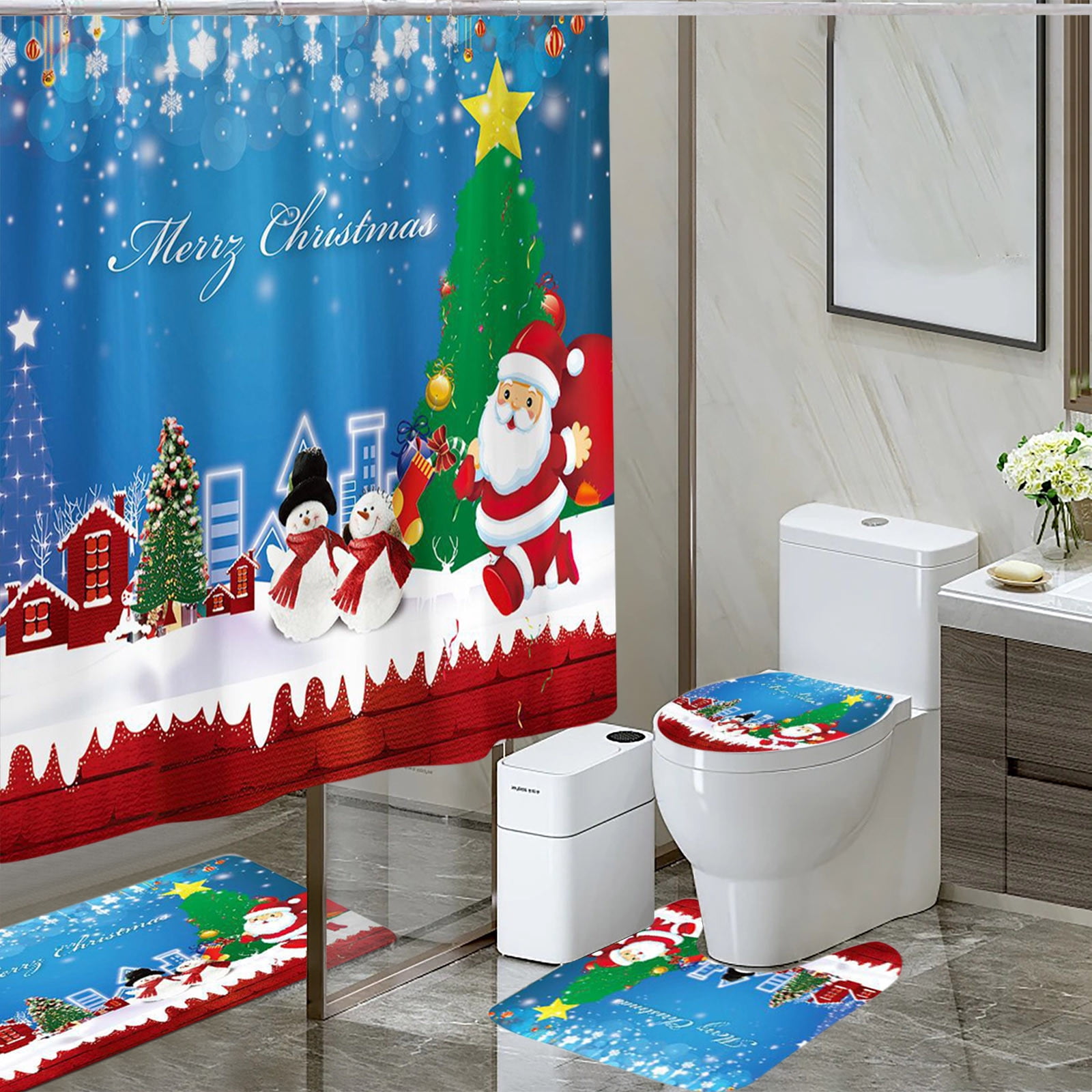 Tyidzon 4Pcs Christmas Shower Curtain Set with Non-Slip Bathroom Rugs Toilet Lid Cover U-Shaped Mats for Home Bathroom Xmas Decor, Waterproof Shower Liner 71x71"