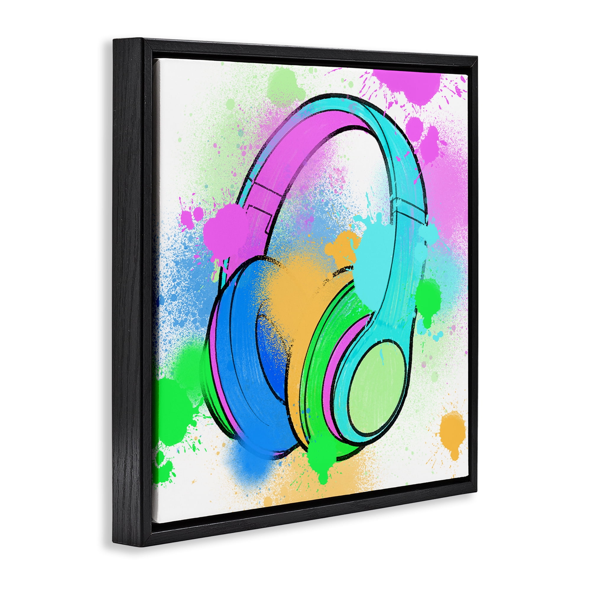 Stupell Industries Splattered Music Headphones Entertainment Painting Black Floater Framed Canvas Art Print Wall Art, 18 x 18