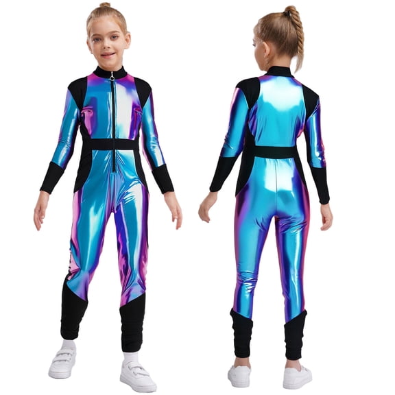 iiniim Girls Alien Robot Dance Outfit Metallic Long Sleeve Zip Neck Jumpsuit Blue 8
